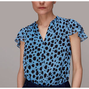 WHISTLES NWT Brushed Dalmatian Blouse Blue w/ Black Spots Short Sleeve Top US 10